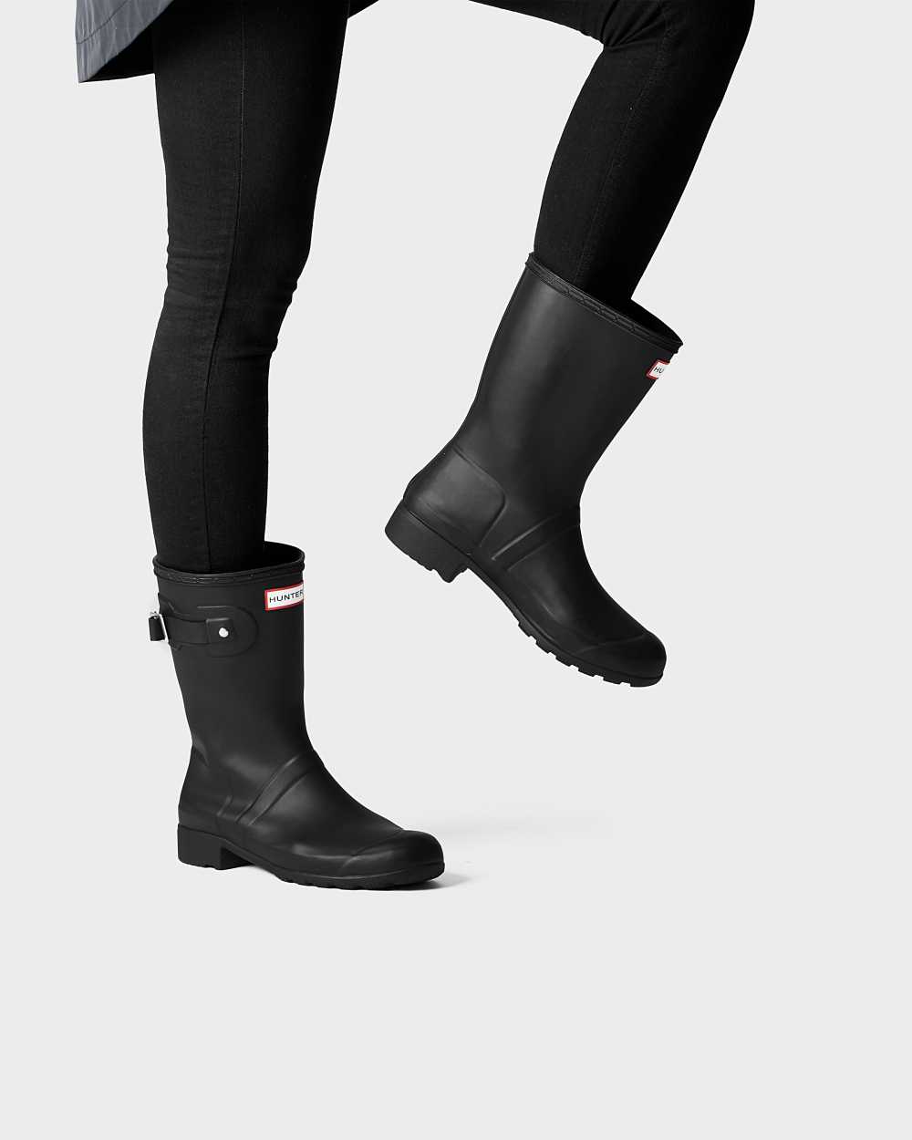 Womens Hunter Original Tour Foldable Short Mid-Calf Rain Boots Black | AWNJVZ-176